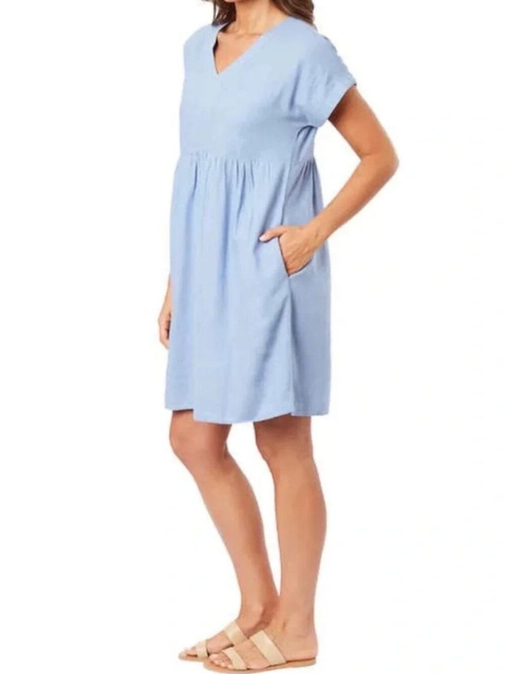 BRIGGS NEW YORK Linen Blend V-Neck Babydoll Dress Oversized Blue Women's Large